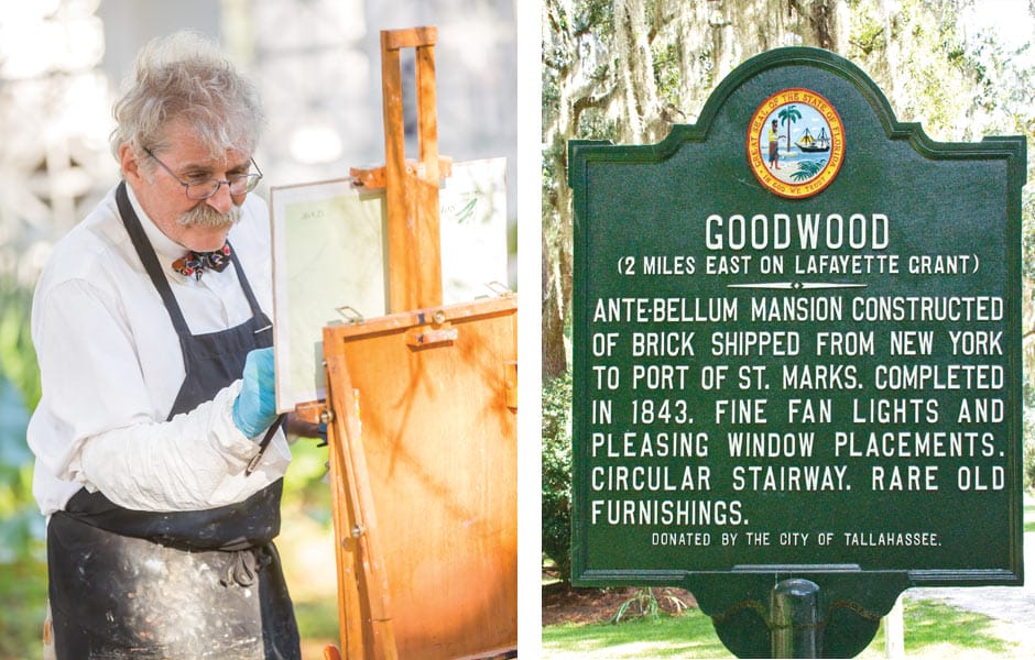 Split image of man painting and Goodwood description sign